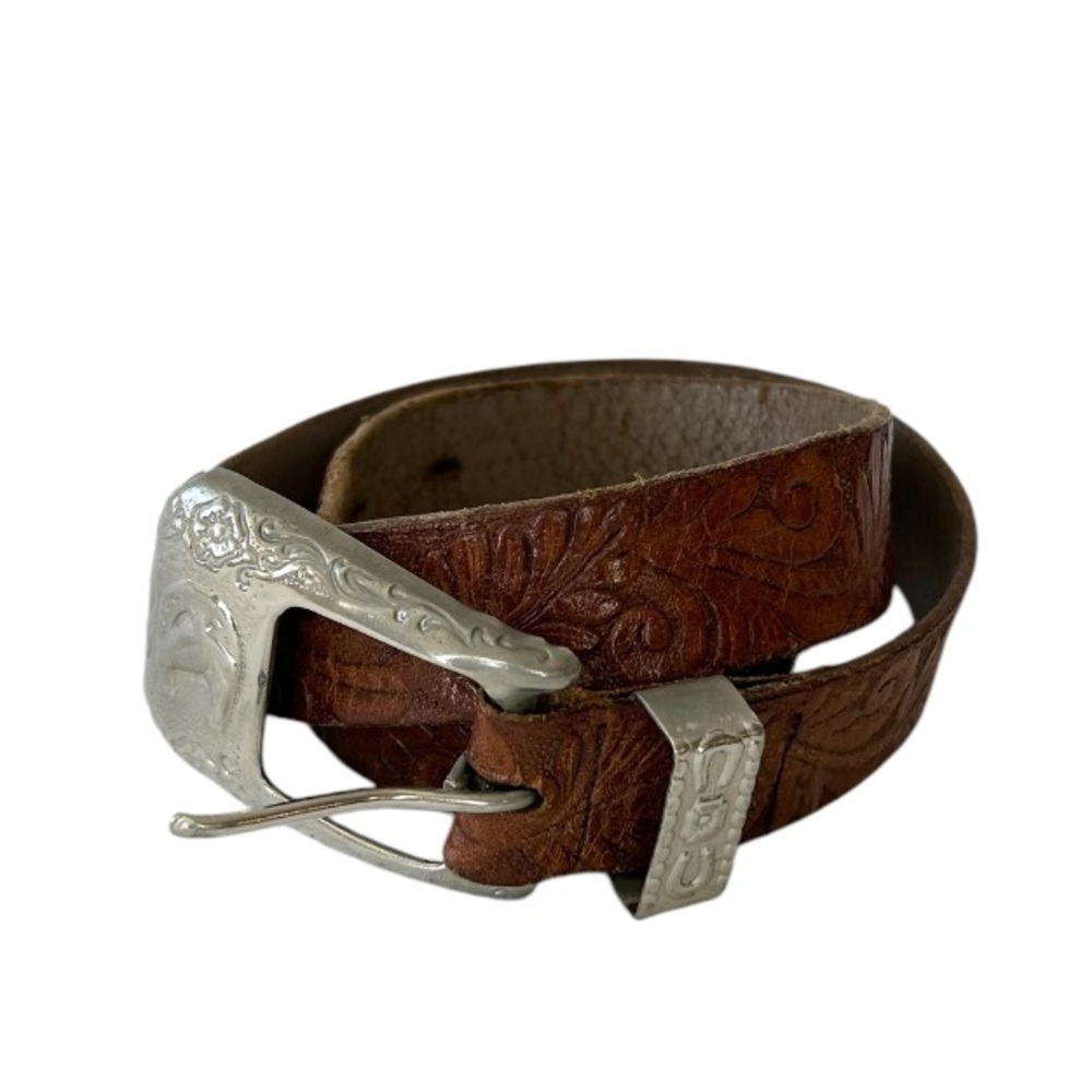 Vintage Embossed Leather Belt with Silver Buckle